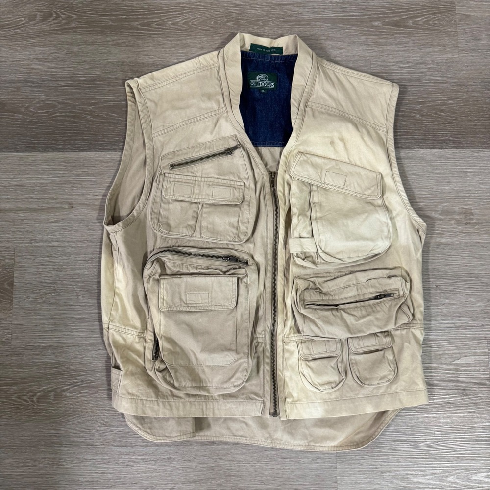 Vintage Bass Pro Shops Fishing Vest Mens XL Beige Multi Pocket Cotton Utility
